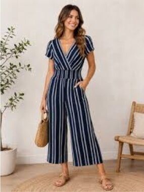 Striped Navy Wide-Leg Jumpsuit by Dolan| Anthropologie